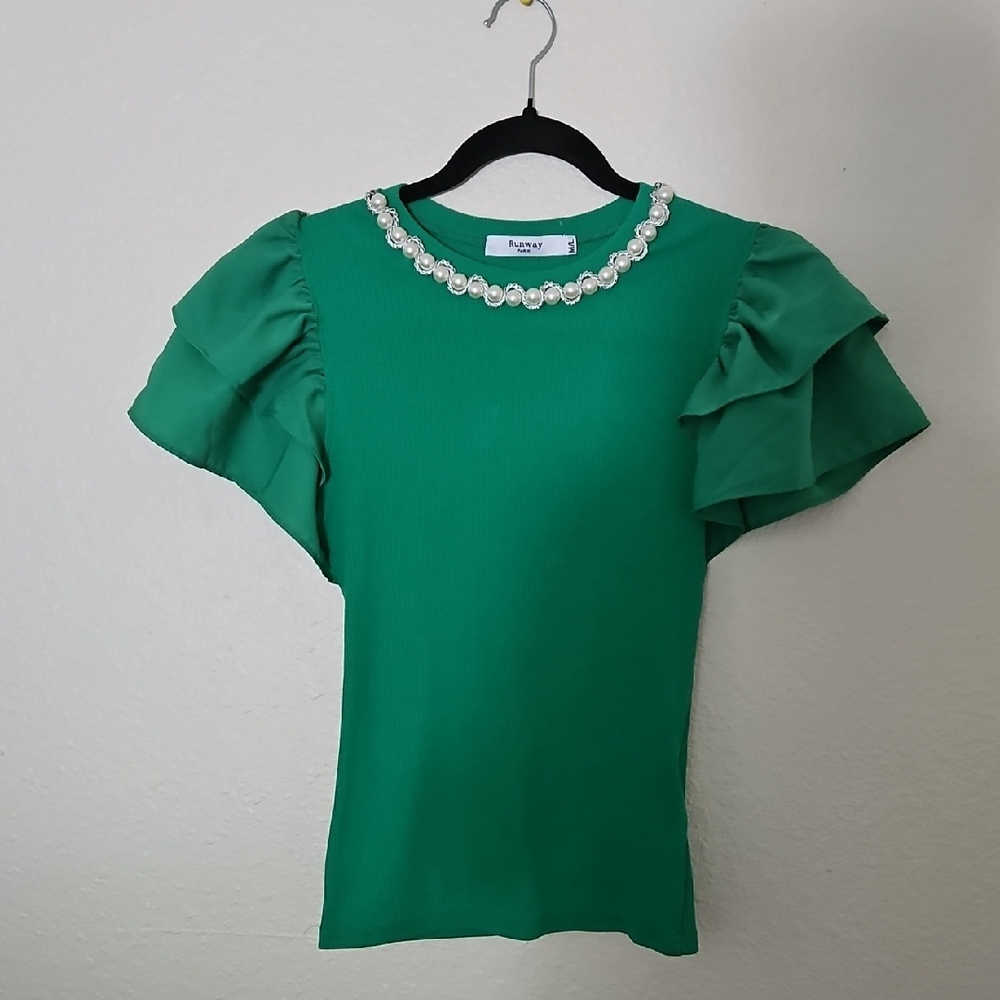 Green Flutter Sleeve Blouse with Ruffled Embellishments